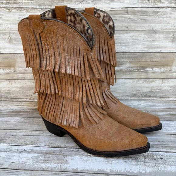 Dingo Shoes - Dingo Western Cowboy Boots Sz 9.5  Tres Fringe Burnished Tan Leather Suede Boho